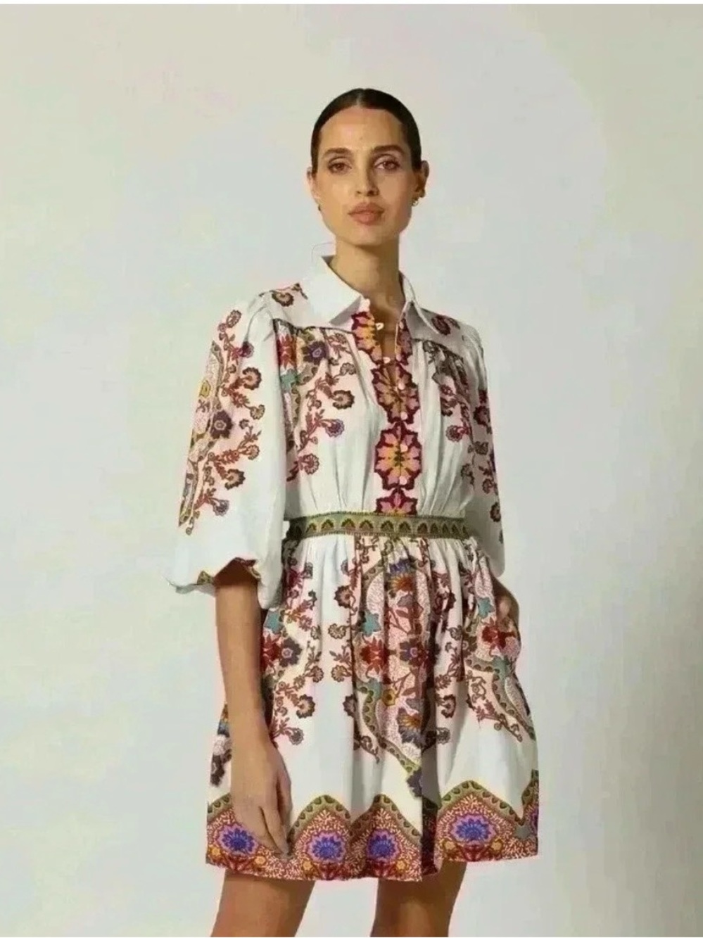 Cleobella Leigh Placed Print Long Sleeve Cotton & Linen Minidress Size Small
